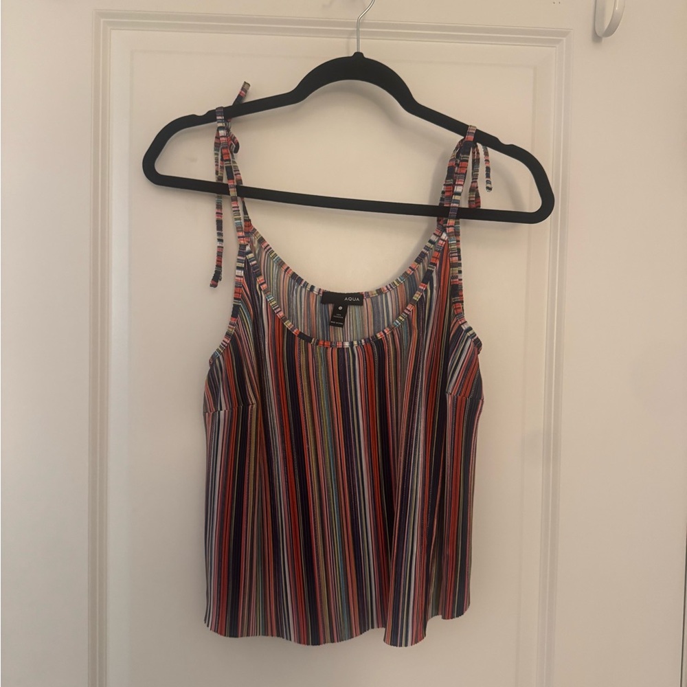 Aqua Multicolor Striped Tie-Shoulder Tank Top
